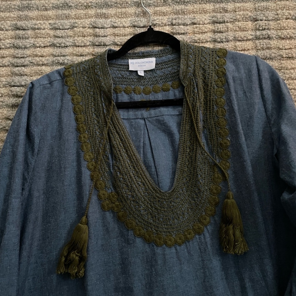 Mi Golondrina beautiful embroidered 
Denim maxi dress